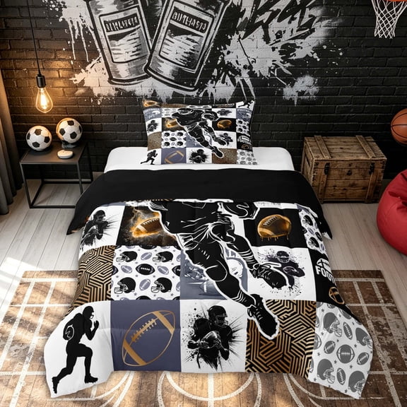 Feelyou Retro Football Patchwork Twin Comforter Sets for Boys, Black Gold Helmet Bedding Set, Black Reversible, 2-Piece, 1 Comforter and 1 Pillowcase