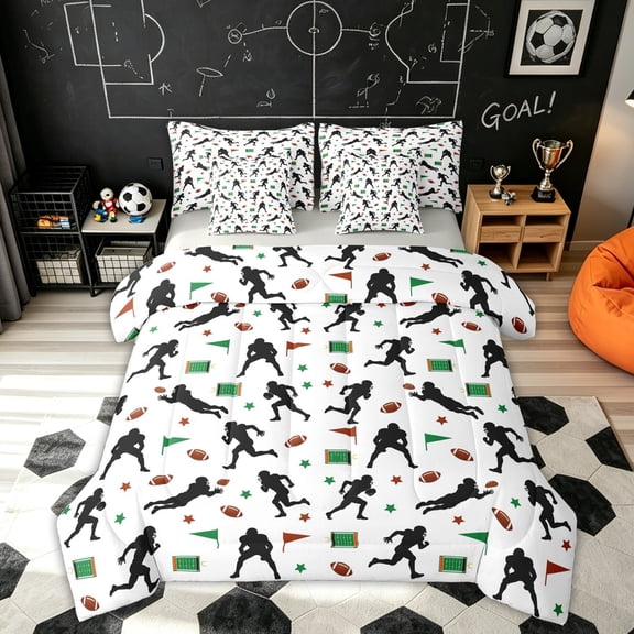 Feelyou Retro Football Rugby Twin Bedding for Boys, Player Silhouette Sport Bedding Comforter Set, Grey Reversible, 7pcs