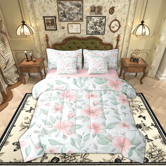 Feelyou Retro French Flower Twin Bedding Sets 7-Piece, Pink Floral Bedding Comforter Set, Western Countryside Reversible Sheet Sets, Lightweight Room Decor