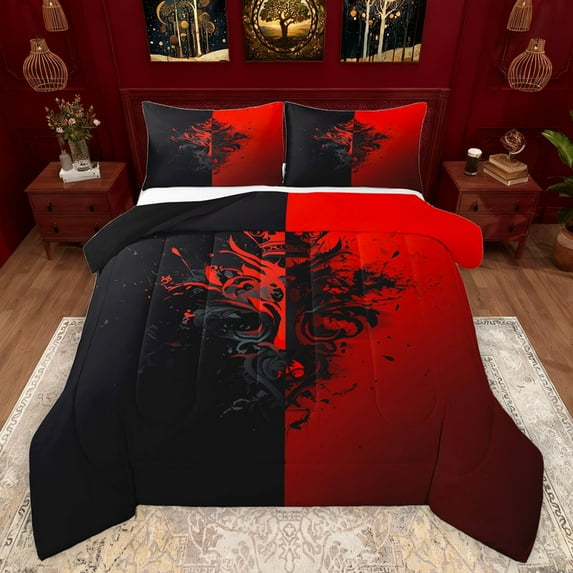 Feelyou Retro Gothic Graphic Bedding Comforter Set, Vintage Goth Graffiti Twin Comforter Sets, Black Red Reversible Bedding Set, Luxury Bedroom Decor, 2-Piece