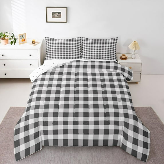 Feelyou Retro Grey Plaid Queen Comforter Set, Stripes Lines Buffalo Bedding Set, 3pcs