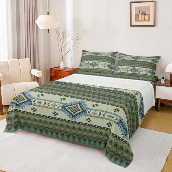 Feelyou Retro Hippie Aztec Bed Sheets for Men, Green Stripe Triangle King Sheets, Mandala Bohemian Cowgirl Sheet Set, Super Cozy Room Decor, 4 Pieces