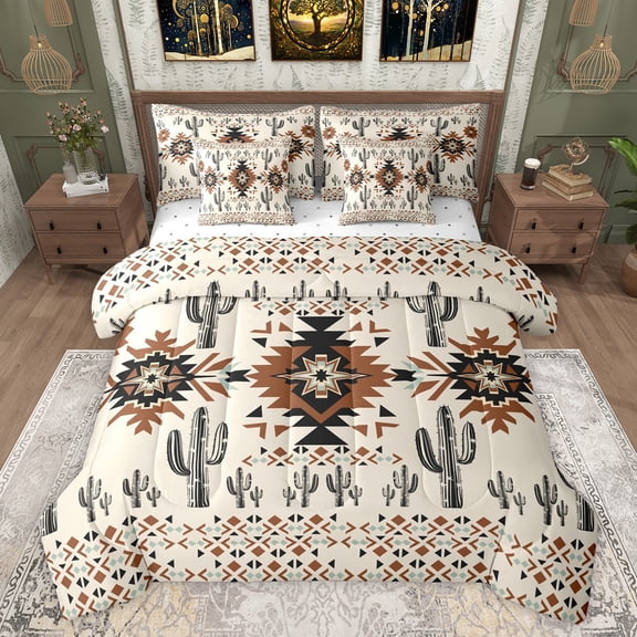 Feelyou Retro Hippie Aztec Bedding Comforter Set 7pcs, Bohemian Western Cactus King Bedding Sets, Tribal Triangle Abstract Reversible Bed Sheets, Breathable Home Decor