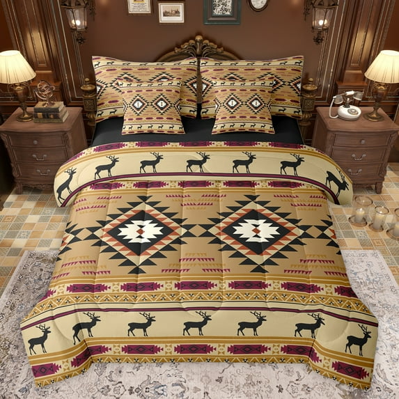 Feelyou Retro Hippie Aztec Bedding Comforter Set 7pcs for Men, Burly Wood Stripe Triangle King Bedding Sets, Wildlife Deer Moose Reversible Bed Sheets, Super Cozy Room Decor