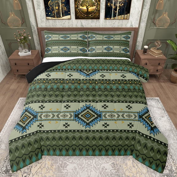 Feelyou Retro Hippie Aztec Full Size Comforter Sets for Men, Green Stripe Triangle Bedding Comforter Set, Mandala Bohemian Cowgirl Reversible Bedding Sets, Super Cozy Room Decor, 3 Pieces
