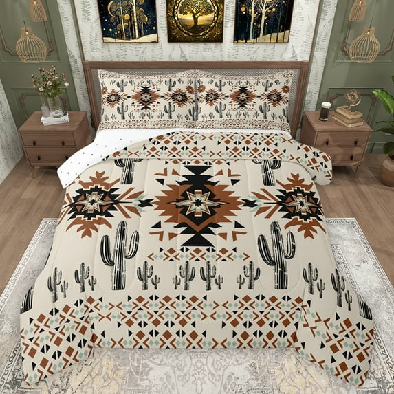 Feelyou Retro Hippie Aztec Queen Comforter Set, Bohemian Western Cactus Bedding Sets, Tribal Triangle Abstract Reversible Bedding Comforter Set, Breathable Home Decor, 3pcs