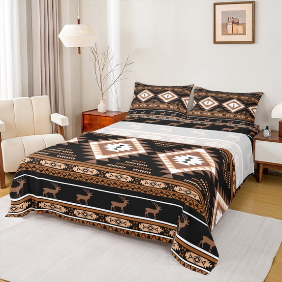 Feelyou Retro Hippie Aztec Queen Sheet Sets for Men, Black Brown Stripe Triangle Flat Sheet, Wildlife Deer Moose Queen Fitted Sheet, Luxury Bedroom Decor, 4-Piece