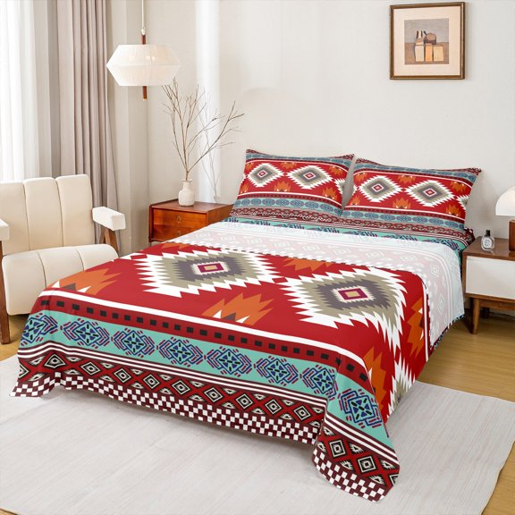 Feelyou Retro Hippie Aztec Queen Sheet Sets for Men, Red Cyan Stripe Triangle Flat Sheet, Mandala Bohemian Theme Queen Fitted Sheet, Microfiber Bedroom Decor, 4-Piece