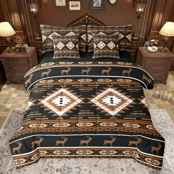 Feelyou Retro Hippie Aztec Twin Bedding Sets 7-Piece for Men, Black Brown Stripe Triangle Bedding Comforter Set, Wildlife Deer Moose Reversible Sheet Sets, Luxury Bedroom Decor