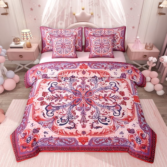 Feelyou Retro Hippie Damask Twin Bedding Sets 7-Piece for Women, Red Purple Boho Paisley Bedding Comforter Set, Southwestern Fashion Reversible Sheet Sets, Ultra Soft Bedroom Decor
