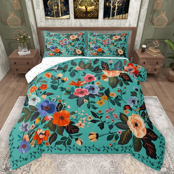 Feelyou Retro Jungle Flower Full Size Comforter Sets for Women, Tribal Bohemian Bedding Comforter Set, Southwestern Floral Theme Reversible Bedding Sets, Super Cozy Room Decor, 3-Piece