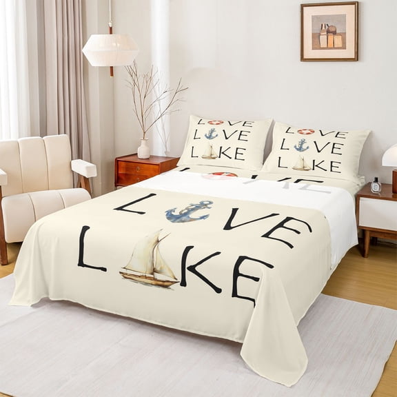 Feelyou Retro Lake House Full Size Sheets, Nautical Anchor Ship Bed Sheets, 4 Pieces
