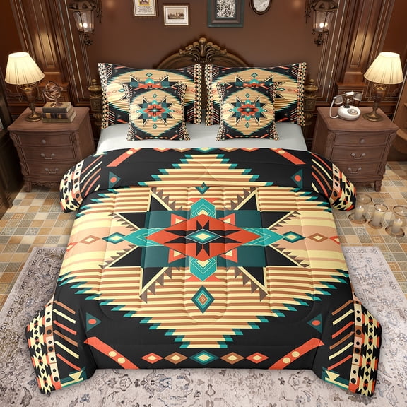 Feelyou Retro Mandala Aztec Bedding Comforter Set 7pcs for Men, Hippie Western Fashion Queen Bedding Sets, Black Wheat Triangle Reversible Queen Sheet Sets, Super Cozy Room Decor