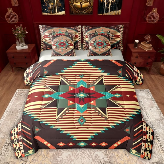 Feelyou Retro Mandala Aztec Bedding Comforter Set 7pcs for Men, Hippie Western Fashion Queen Bedding Sets, Brown Triangle Reversible Queen Sheet Sets, Microfiber Bedroom Decor