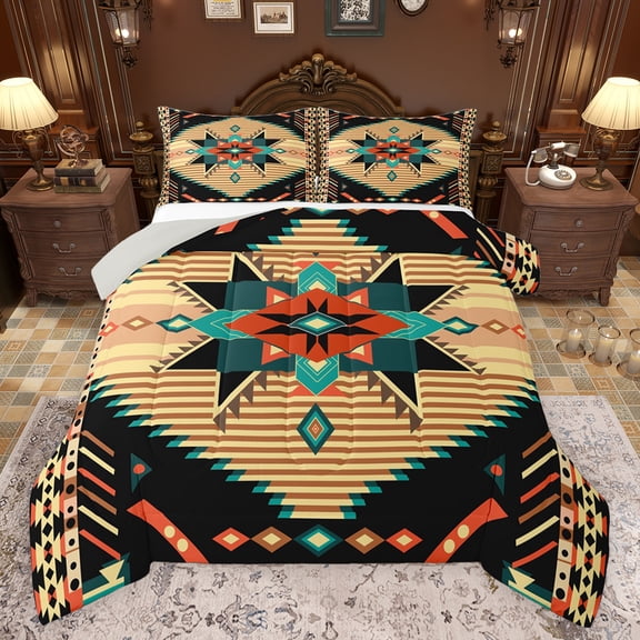 Feelyou Retro Mandala Aztec Queen Comforter Set for Men, Hippie Western Fashion Bedding Sets, Black Wheat Triangle Reversible Bedding Comforter Set, Super Cozy Room Decor, 3pcs