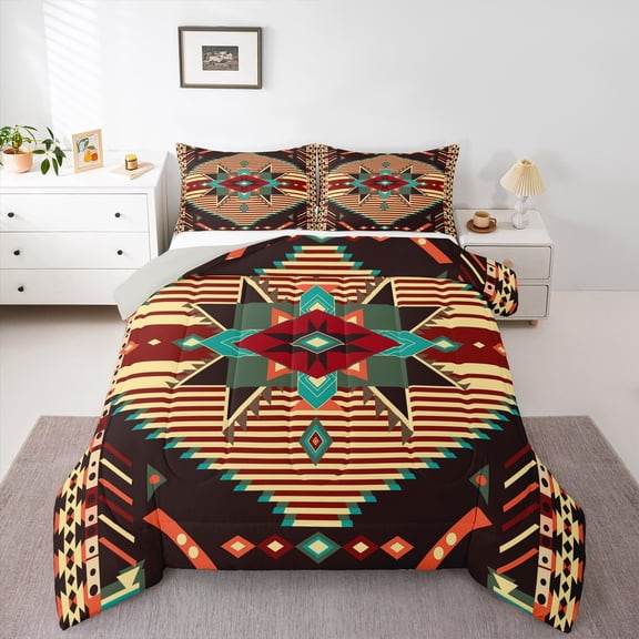 Feelyou Retro Mandala Aztec Queen Comforter Set for Men, Hippie Western Fashion Bedding Sets, Brown Triangle Reversible Bedding Comforter Set, Microfiber Bedroom Decor, 3pcs