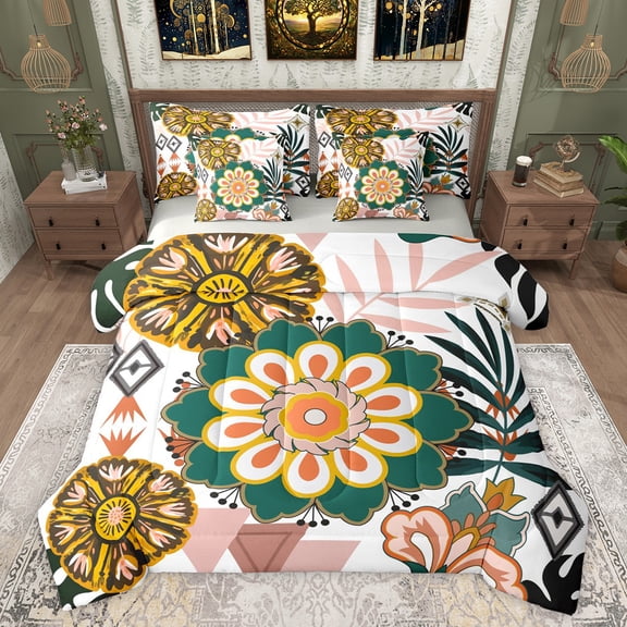 Feelyou Retro Mandala Flower Bedding Comforter Set 7pcs, Western Aztec Triangle King Bedding Sets, Tribal Floral Print Reversible Bed Sheets, Lightweight Room Decor
