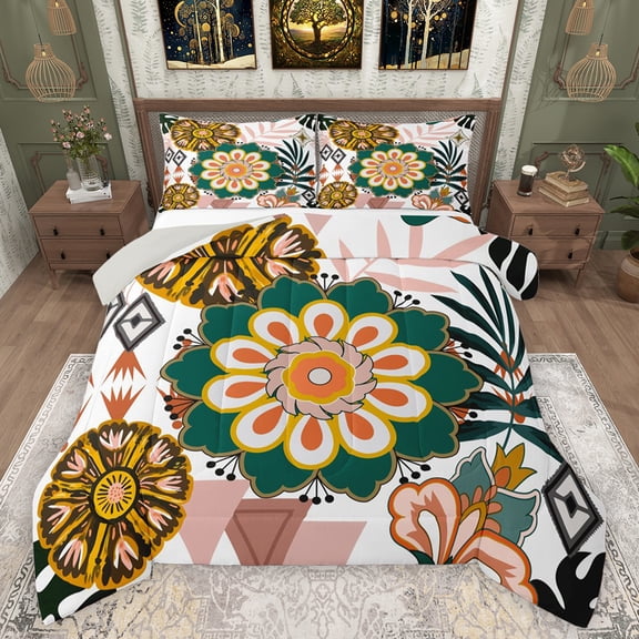 Feelyou Retro Mandala Flower Bedding Comforter Set, Western Aztec Triangle Twin Comforter Sets, Tribal Floral Print Reversible Bedding Set, Lightweight Room Decor, 2-Piece