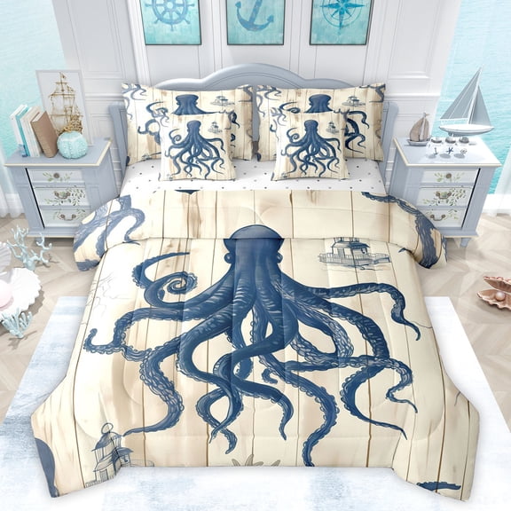 Feelyou Retro Octopus Print Bedding Comforter Set 7pcs, Western Lodge Cabin King Bedding Sets, Ocean Marine Theme Reversible Bed Sheets, Luxury Bedroom Decor