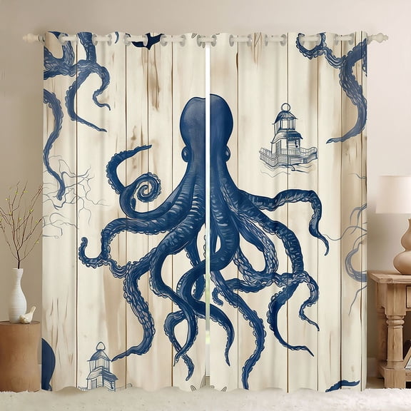 Feelyou Retro Octopus Print Black Out Curtains, Western Lodge Cabin Curtains Pack of 2 (42x63 Each), Ocean Marine Theme Bedroom Curtains, Living Room Curtains Decor