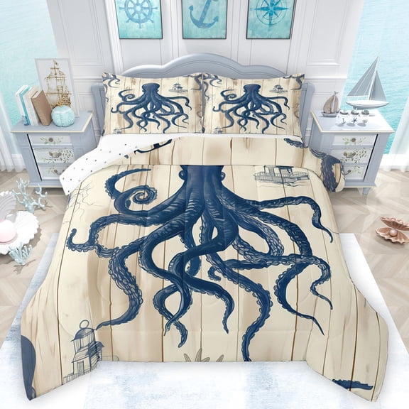 Feelyou Retro Octopus Print Queen Comforter Set, Western Lodge Cabin Bedding Sets, Ocean Marine Theme Reversible Bedding Comforter Set, Luxury Bedroom Decor, 3pcs