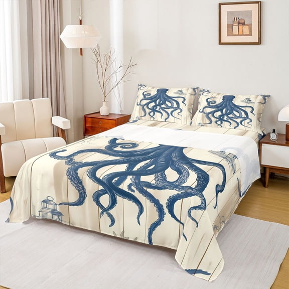 Feelyou Retro Octopus Print Twin Sheet Sets, Western Lodge Cabin Twin Fitted Sheet, Ocean Marine Theme Flat Sheet, Luxury Bedroom Decor, 3pcs