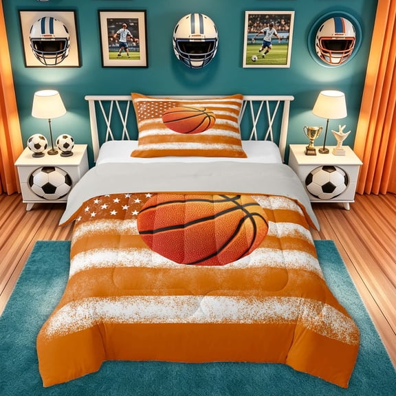 Feelyou Retro Orange Basketball Twin Comforter Sets for Boys, US Flag Graffiti Art Bedding Set, Grey Reversible, 2-Piece, 1 Comforter and 1 Pillowcase