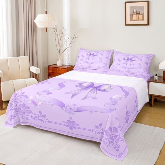Feelyou Retro Purple Bow Kid Full Size Sheets, Bohemian Flower Bed Sheets, 4-Piece