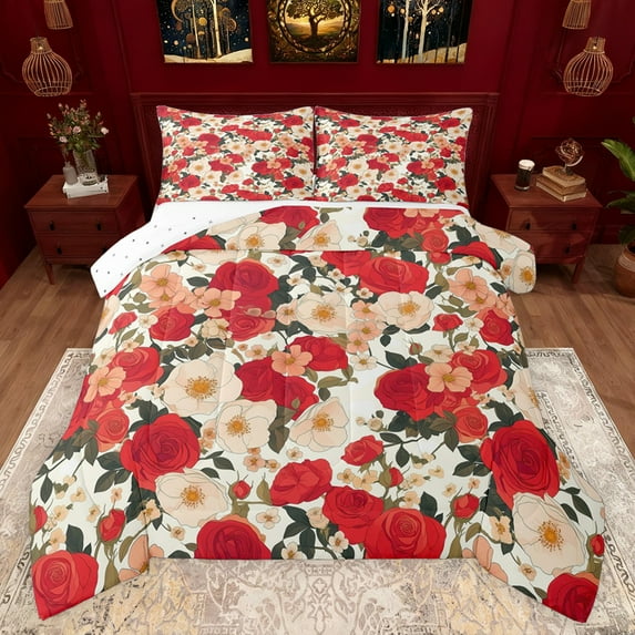 Feelyou Retro Romantic Rose Bedding Comforter Set, Spring Red Flower Twin Comforter Sets, Vintage Western Fashion Reversible Bedding Set, Microfiber Bedroom Decor, 2 Pieces