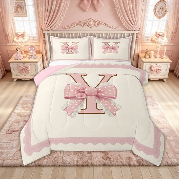 Feelyou Retro Rose Bow Letter Y Queen Comforter Set for Girls, Cute Polkadots Ribbon Bedding Comforter Set, Yellow Pink, Pink Reversible, 3pcs