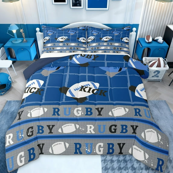 Feelyou Retro Rugby Sports Bedding Comforter Set, Est Sleep Football Twin Comforter Sets, Blue Cartoon Soccer Reversible Bedding Set, Lightweight Room Decor, 2 Pieces
