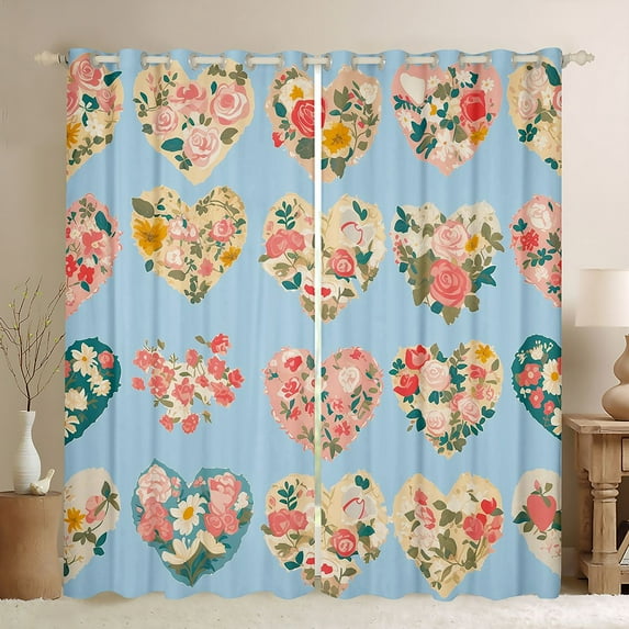 Feelyou Retro Rustic Flower Blackout Curtains Set of 2 (52x84 Each), Romantic Cartoon Love Heart Window Curtains, Teens Kids Boys Girls Curtains and Drapes, Black Out Curtains Decor