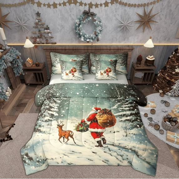 Feelyou Retro Santa Claus Kid Bedding Comforter Set 7 Pieces, Christmas Deer Animal Full Bedding Set, Winter Festival Reversible Fitted Sheet Flat Sheet, Ultra Soft Home Decor
