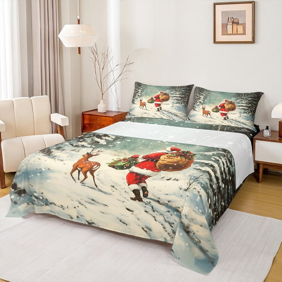 Feelyou Retro Santa Claus Kid Full Size Sheets, Christmas Deer Animal Bed Sheets, Winter Festival Sheet Sets, Ultra Soft Home Decor, 4 Pieces