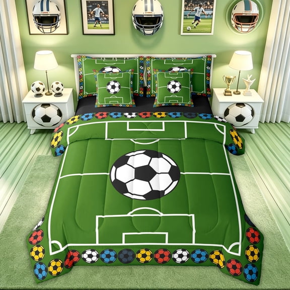 Feelyou Retro Soccer Queen Bedding for Boys, Green Football Field Ball Bedding Comforter Set Queen, Black Reversible, 7pcs
