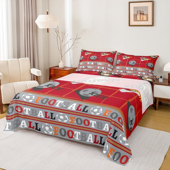 Feelyou Retro Soccer Sports Bed Sheets, Est Sleep Rugby Football King Sheets, Red Cartoon Theme Sheet Set, Breathable Home Decor, 4 Pieces