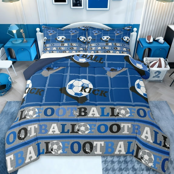 Feelyou Retro Soccer Sports Bedding Comforter Set, Est Sleep Rugby Football Twin Comforter Sets, Blue Cartoon Ball Reversible Bedding Set, Breathable Home Decor, 2 Pieces