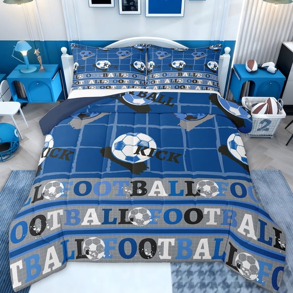 Feelyou Retro Soccer Sports Bedding Comforter Set, Est Sleep Rugby Football Twin Comforter Sets, Blue Cartoon Ball Reversible Bedding Set, Breathable Home Decor, 2 Pieces
