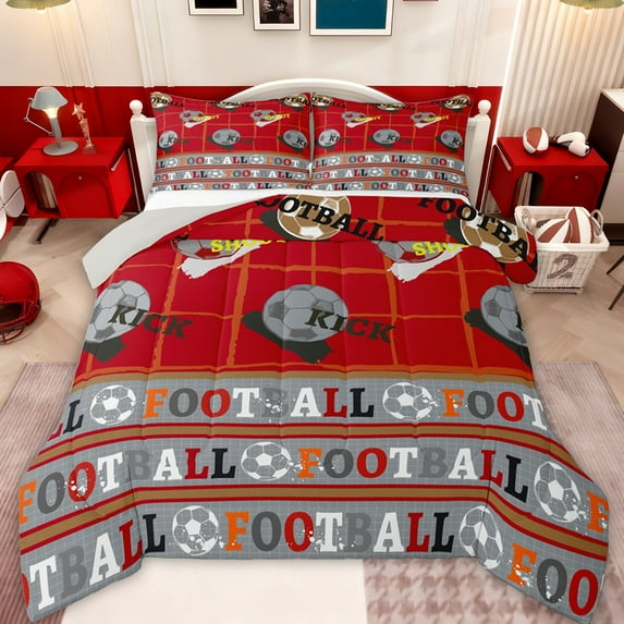 Feelyou Retro Soccer Sports Bedding Comforter Set, Est Sleep Rugby Football Twin Comforter Sets, Red Cartoon Theme Reversible Bedding Set, Breathable Home Decor, 2 Pieces