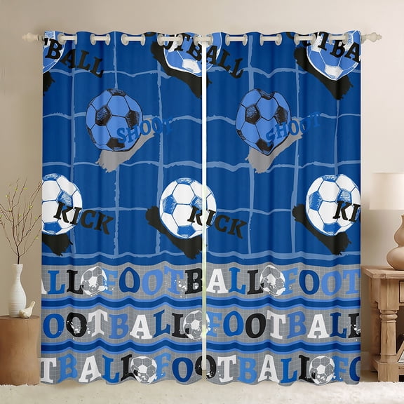 Feelyou Retro Soccer Sports Black Out Curtains, Est Sleep Rugby Football Curtains Pack of 2 (42x63 Each), Blue Cartoon Ball Bedroom Curtains, Window Curtains Home Decor