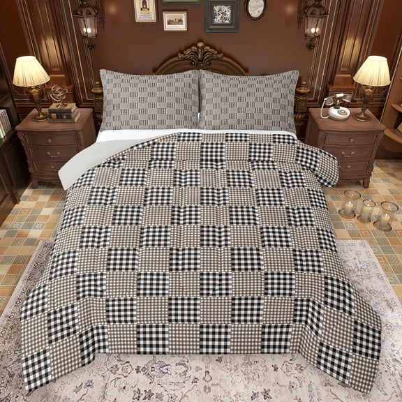 Feelyou Retro Square Buffalo Queen Comforter Set, Simple Fashion Plaid Bedding Sets, Teens Kids Boys Girls Reversible Bedding Comforter Set, Lightweight Room Decor, 3pcs