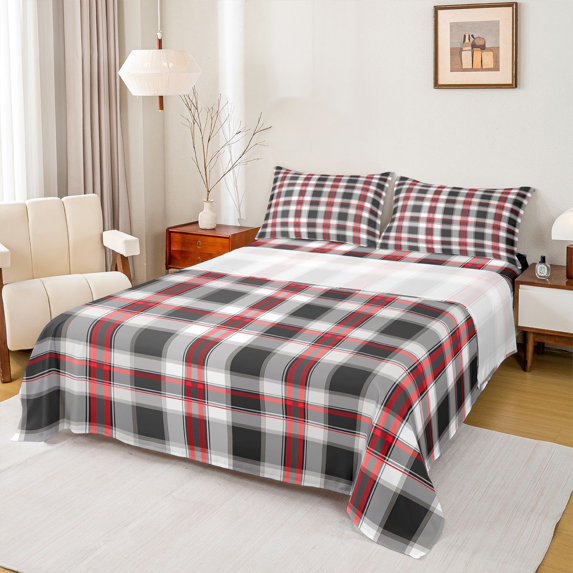 Feelyou Retro Square Plaid Bed Sheets, Grey Red Lines Buffalo King Sheets, 4pcs