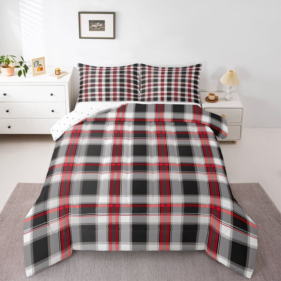 Feelyou Retro Square Plaid Queen Comforter Set, Grey Red Lines Buffalo Bedding Set, 3pcs