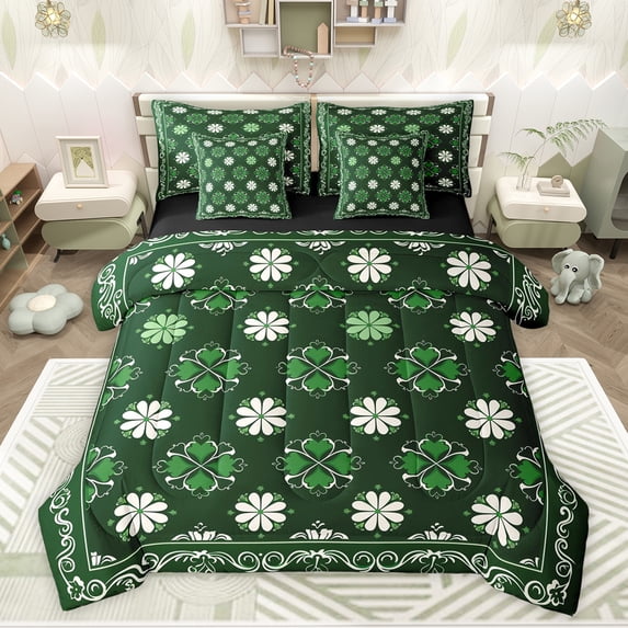 Feelyou Retro St. Patrick's Day Comforter Set 7pcs, Shamrock Damask King Bedding Sets