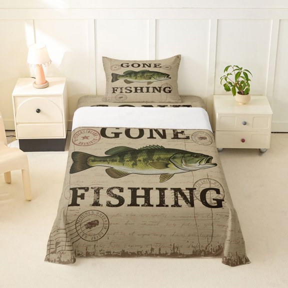 Feelyou Retro Stamp Vintage Gone Fishing Bass Poster Twin Sheet Sets for Men Adults, Lake Wildlife Bedding, Beige, 3 Pieces