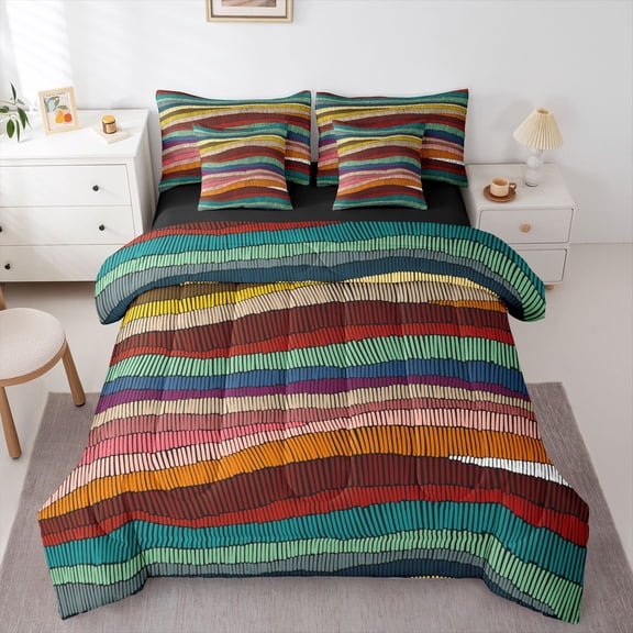 Feelyou Retro Stripes Bedding Comforter Set 7-Piece, Abstract Line Full Bedding Set