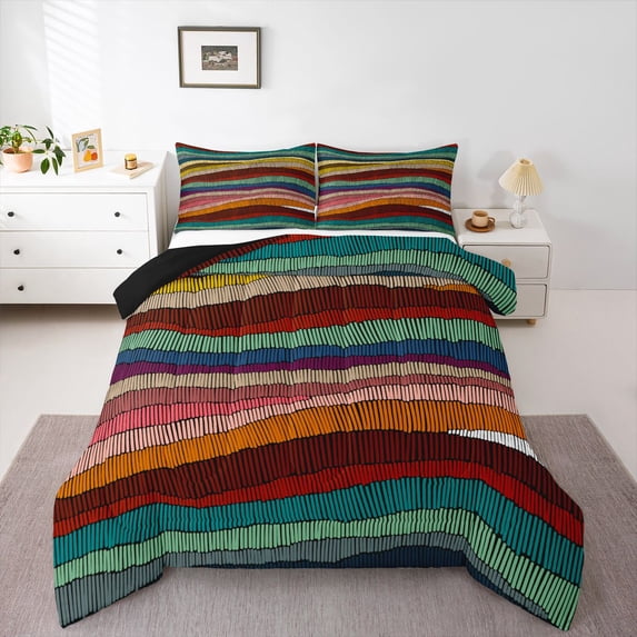 Feelyou Retro Stripes Full Size Comforter Sets, Abstract Line Bedding Sets, 3pcs