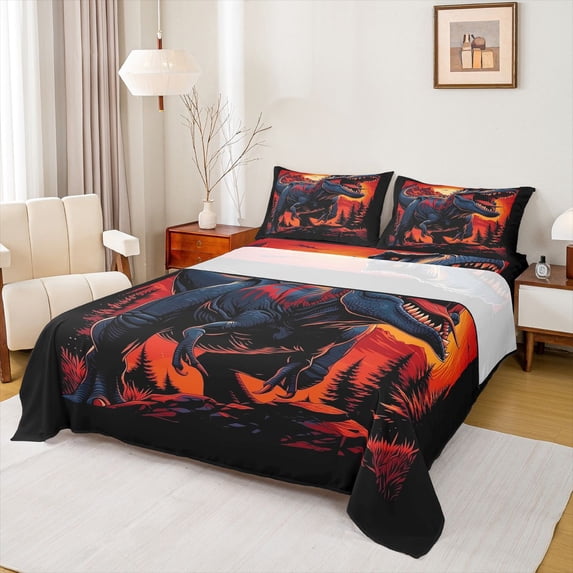 Feelyou Retro Sunset Dinosaur Bed Sheets for Boys Men Kids, Mountain Wildlife King Sheets, Black Orange, 4-Piece