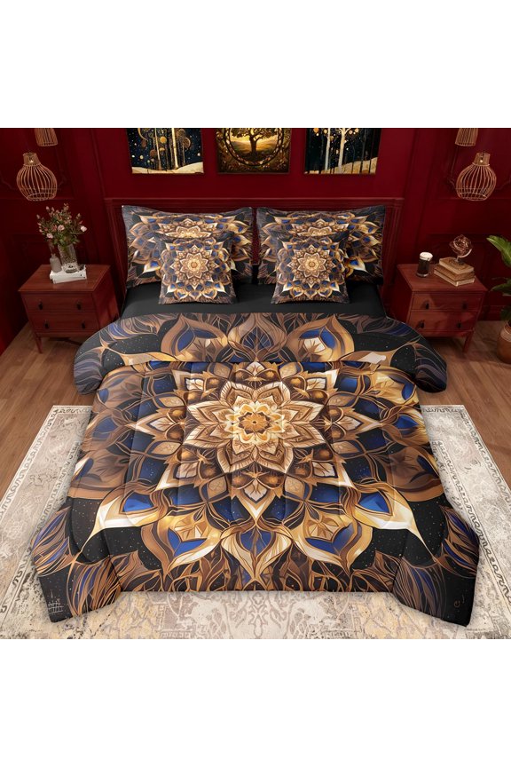 Retro Tribal Damask Bedding Comforter Set 7pcs for Adult, Western Mandala Fashion Queen Bedding Sets, Boho Lotus Flower Reversible Queen Sheet Sets, Breathable Home Decor