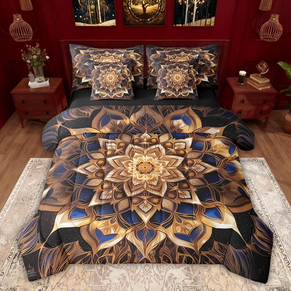 Feelyou Retro Tribal Damask Bedding Comforter Set 7pcs for Adult, Western Mandala Fashion Queen Bedding Sets, Boho Lotus Flower Reversible Queen Sheet Sets, Breathable Home Decor